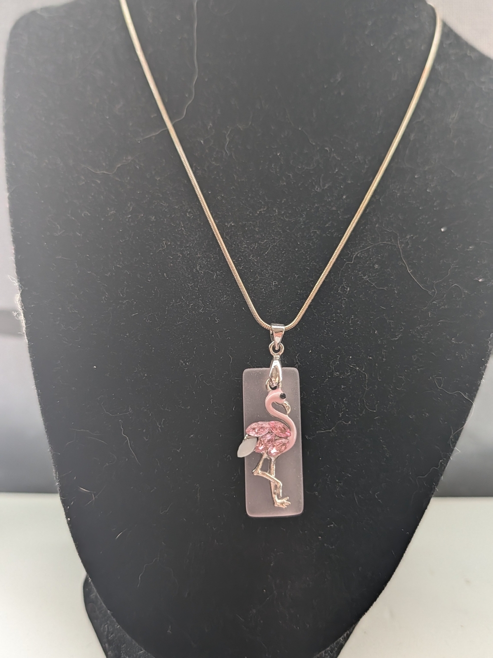 OOAK Sterling Silver Sea Glass Pendant Necklace with Pink Flamingo